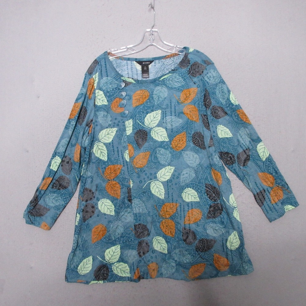 Ali Miles Tunic Top Blue Leaf Artsy Crinkle Texture Button Fall Lagenlook Nature
